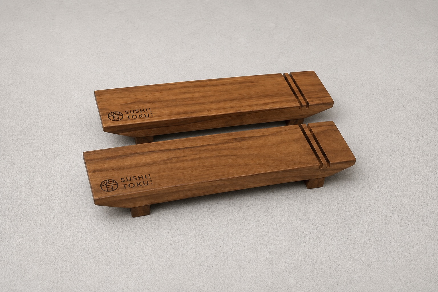 Wooden sushi board with chopstick rest